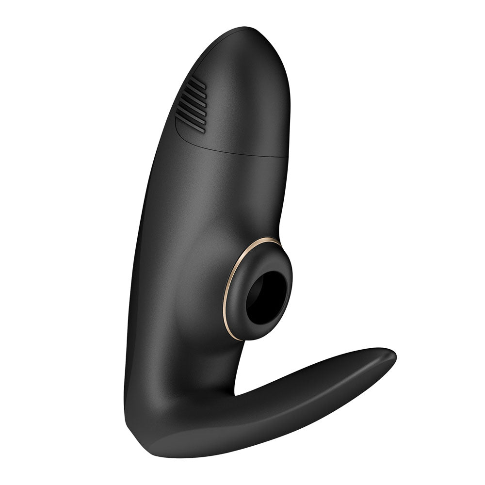 Black couples vibrator with dual stimulation and gold accent ring