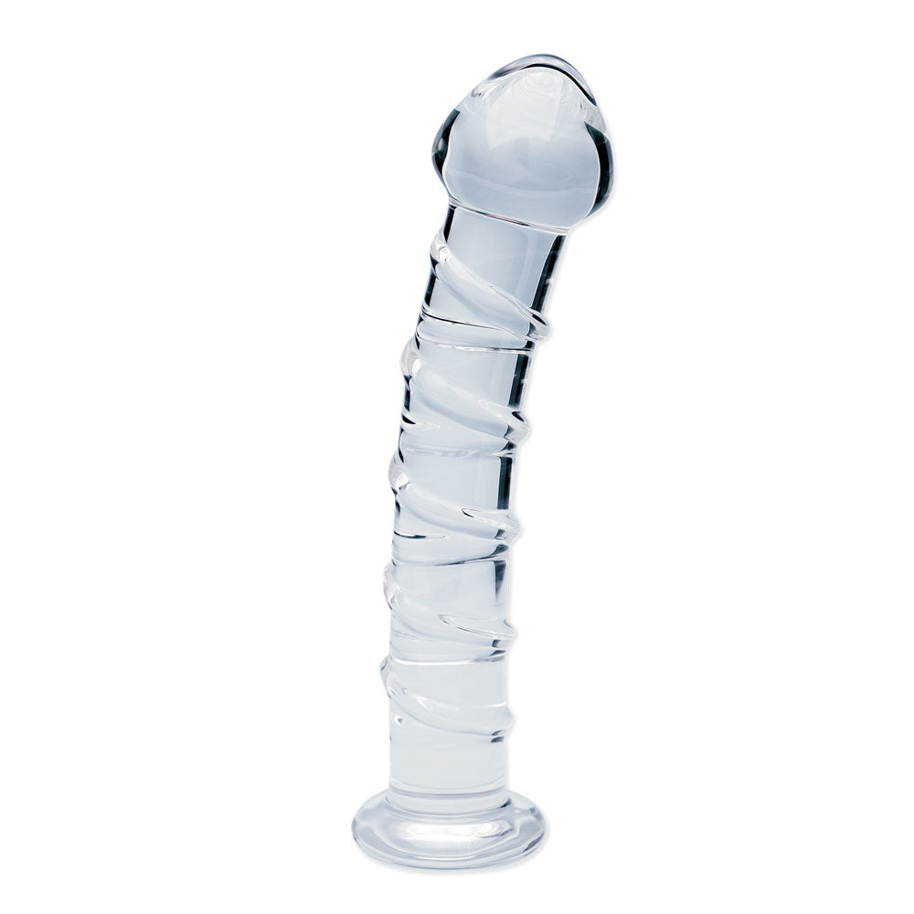 Clear glass dildo with spiral ridges and suction cup base