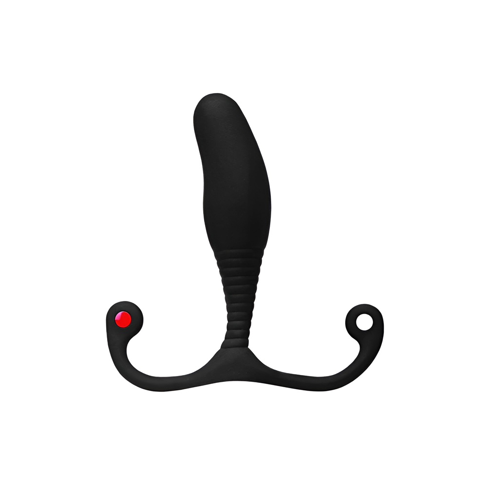 Black prostate massager with ribbed shaft, red button and ring handle