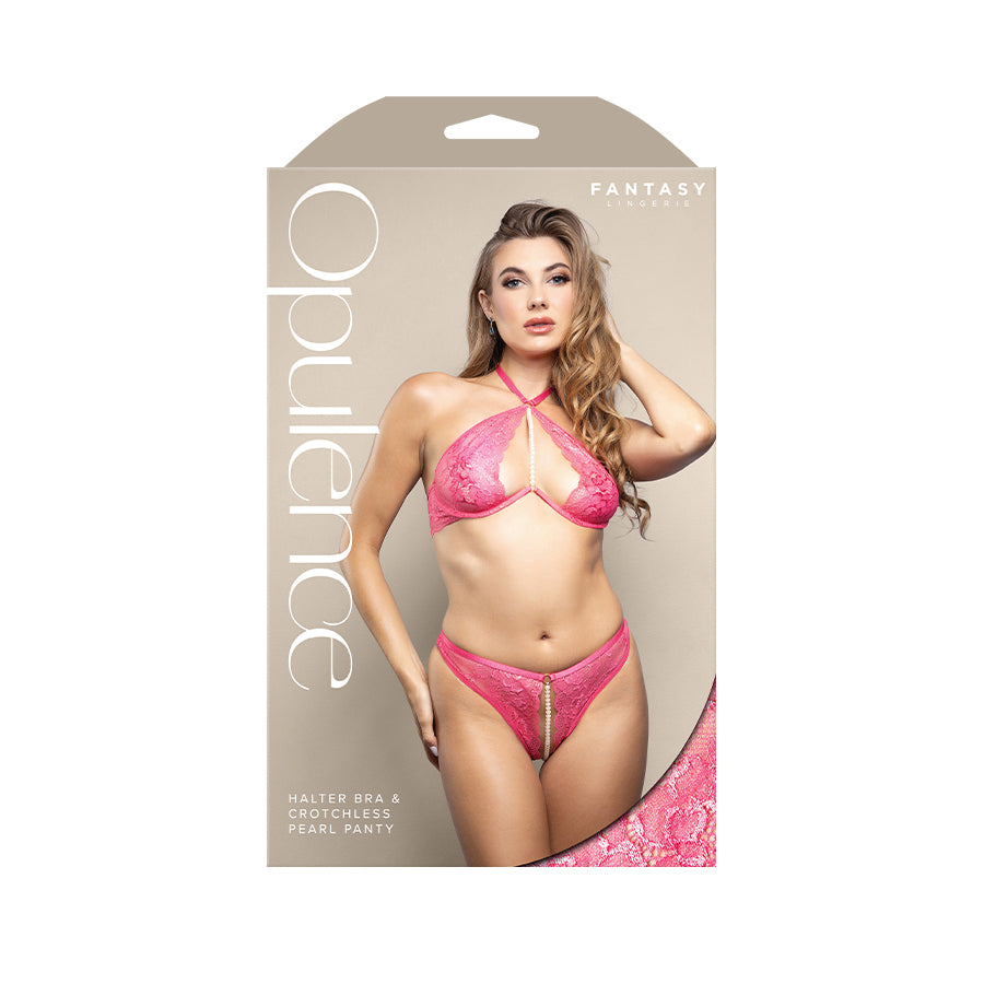 OPULENCE Halter Bra & Crotchless Pearl Panty SM - Pink - S/M Size
