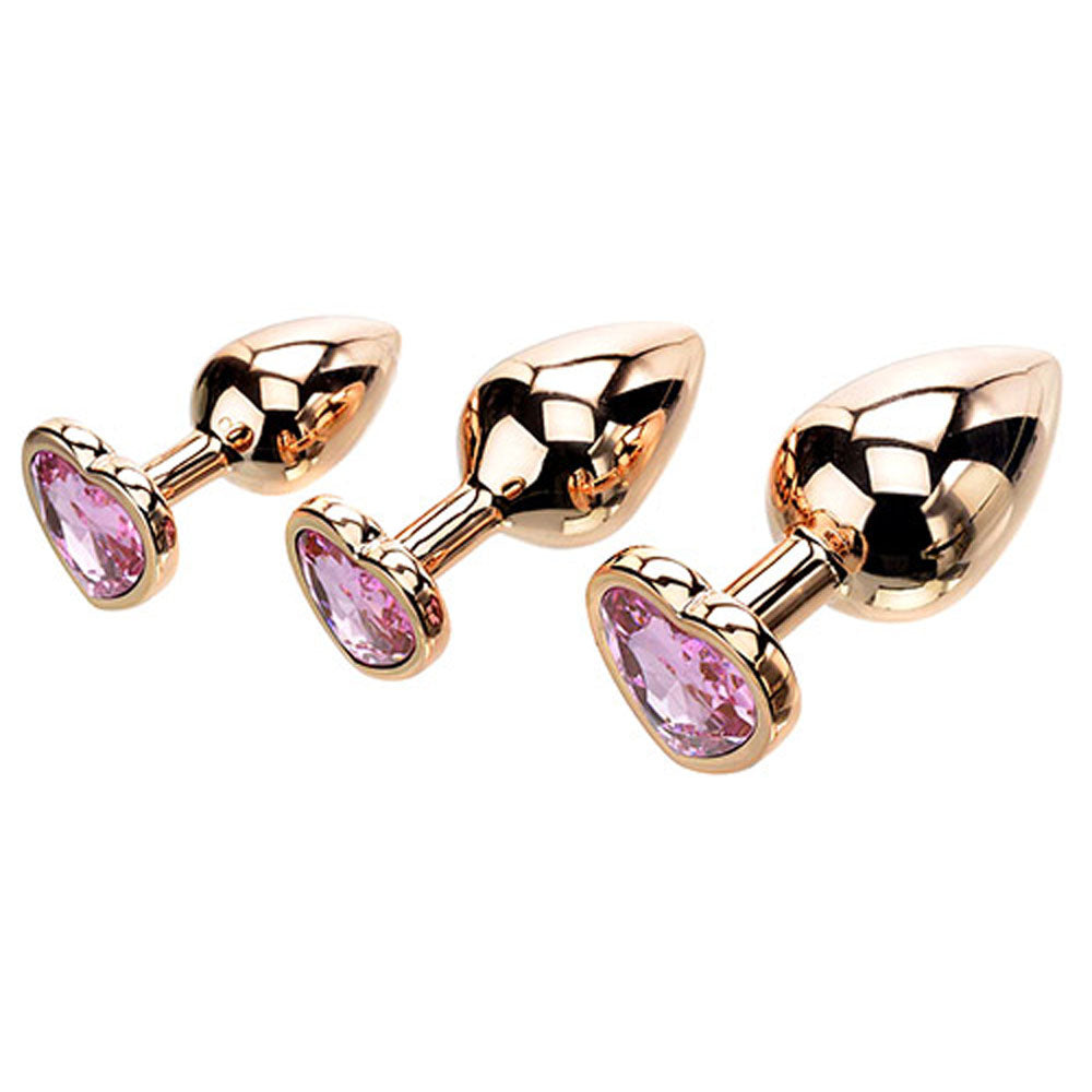 Adam & Eve ROSE GOLD HEART GEM ANAL TRAINING SET - Rose Gold Metal Anal Plugs with Pink Gem Bases - Set of 3 Sizes