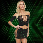 LAPDANCE Diamond Crop Top & Skirt Set - OS - Black with Glow in Dark Pattern - One Size