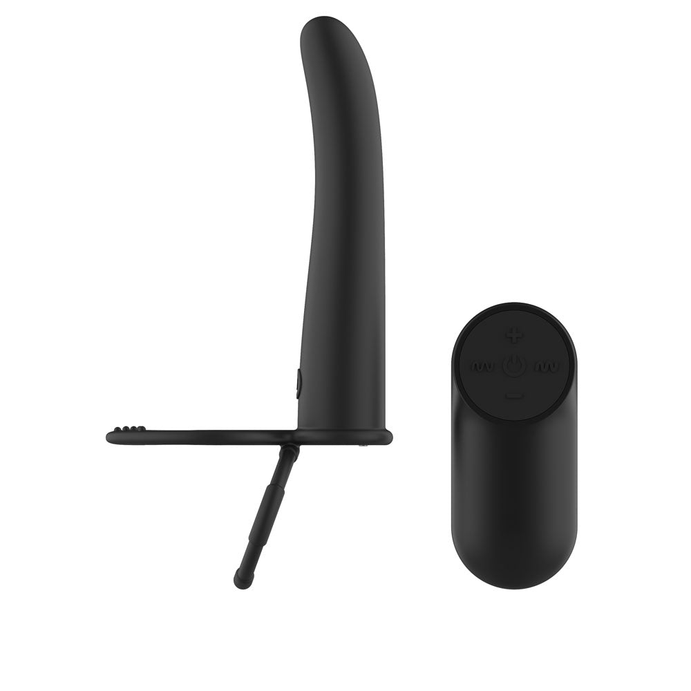 Passion Play Vibrating Double Penetrator with Remote - Black USB Rechargeable Vibrating Double Penetrator Cock Ring with Wireless Remote
