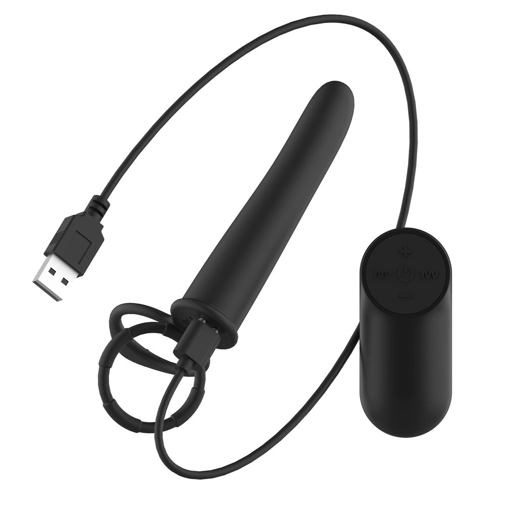 Passion Play Vibrating Double Penetrator with Remote - Black USB Rechargeable Vibrating Double Penetrator Cock Ring with Wireless Remote