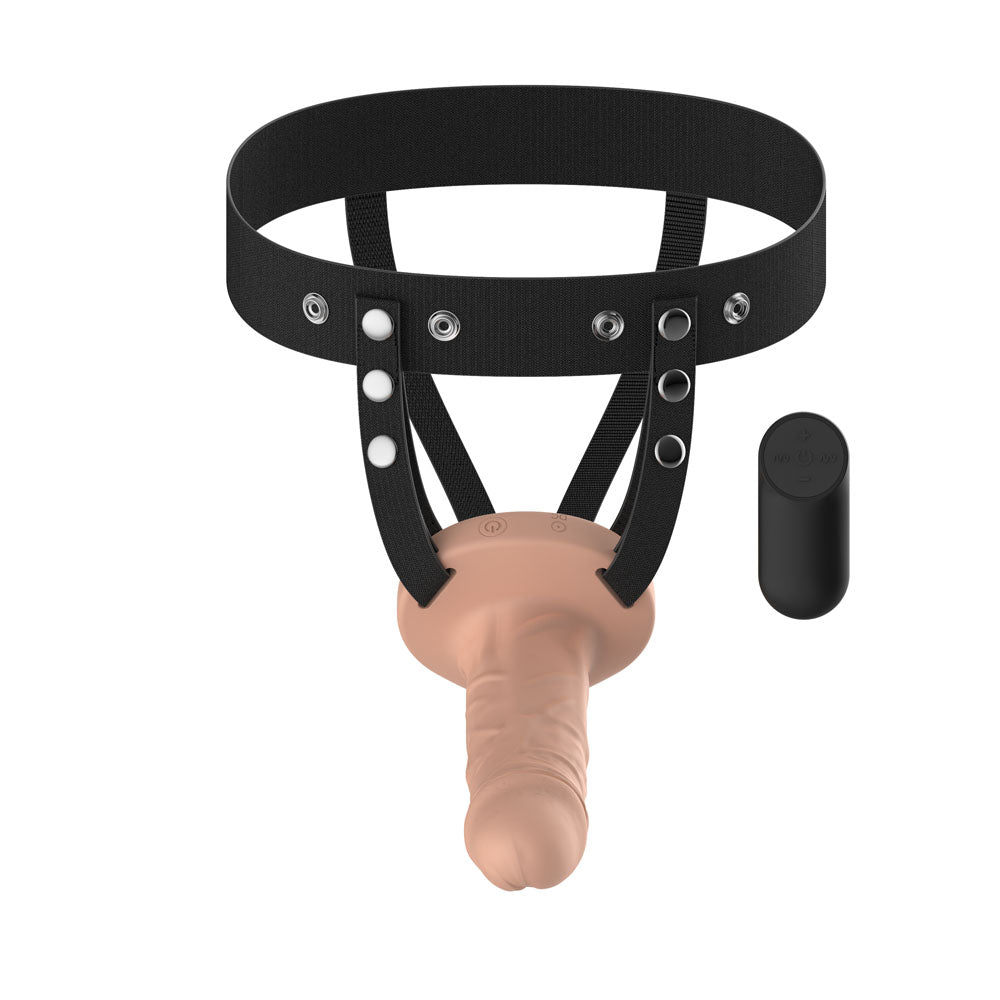Passion Play Vibrating Realistic Hollow Strap-On - Flesh - Flesh 15.5 cm USB Rechargeable Vibrating Hollow Strap-On with Wireless Remote