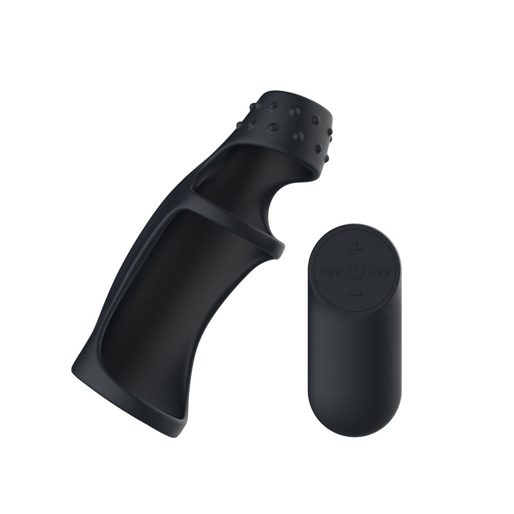 Passion Play Vibrating Cockring Sleeve - Black USB Rechargeable Vibrating Penis Sleeve with Wireless Remote