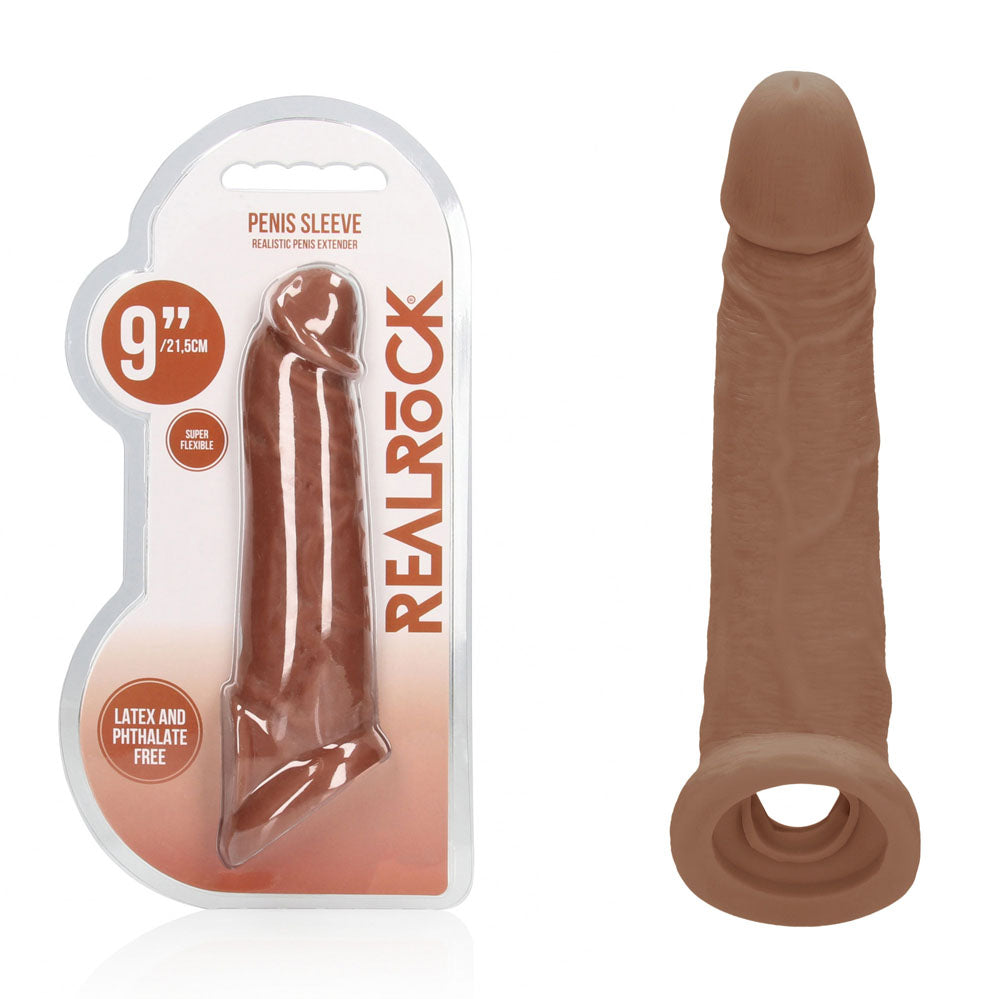 REALROCK 9'' Realistic Penis Extender with Rings - Tan - Tan 22.9 cm Penis Extension Sleeve