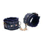 Sex & Mischief Cougar Fur Handcuffs - Navy Blue/Gold Furry Restraints